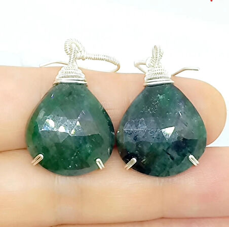 2375 Faset kesim Zümrüt Gümüş aparatlı el yapımı küpe