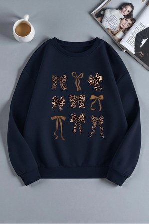 Unisex Leopar Desenli Tasarım Baskılı Bisiklet Yaka Sweatshirt