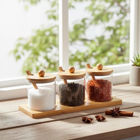 Bambu Standlı 3'lü Cam Baharatlık, Borasilikat, 3'lü Baharat Seti - Şık ve Fonksiyonel Bambu Standlı Mutfakta Düzeni ve Lezzeti Bir Arada Yaşayın!
