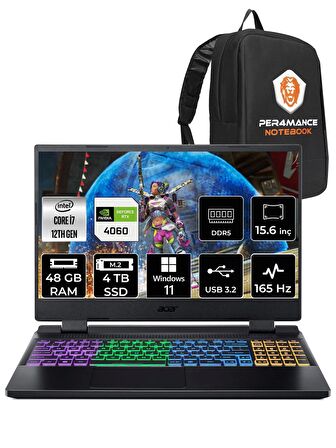 ACER Nitro 5 i7 12700H 48GB 4TB SSD RTX4060/8GB 165HZ 15.6" FHD W11H NH.QM0EY.002 & PER4 ÇANTA