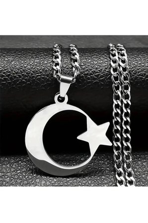 Ay Yıldız Türk Bayrağı Temalı Paslanmaz Çelik Kalın Zincirli Kolye 65 cm