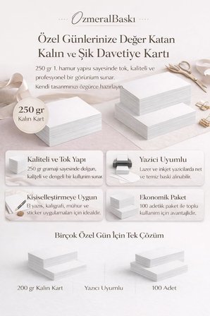 250 gr 1. Hamur Boş Davetiye Kartı 10x15 cm – Yazıcı Uyumlu Beyaz Kart – 100 Adet