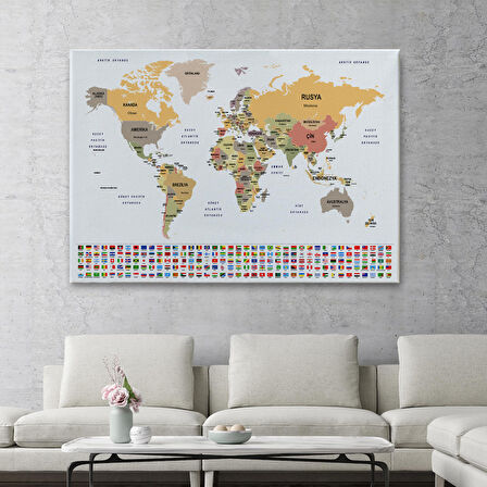 Harita Sepeti Türkçe Dünya Haritası Kanvas Tablo Ülke Bayraklı ve Dekoratif 2380