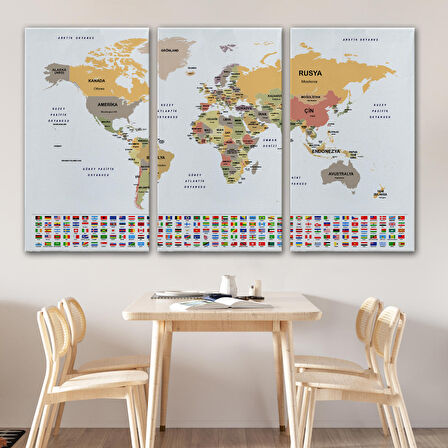 Harita Sepeti Türkçe Dünya Haritası Kanvas Tablo Ülke Bayraklı ve Dekoratif 2380