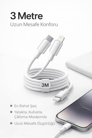 İPhone Uyumlu USB-C to Lightning Şarj ve Data Kablosu, Beyaz 3M