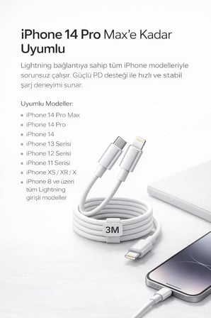 İPhone Uyumlu USB-C to Lightning Şarj ve Data Kablosu, Beyaz 3M