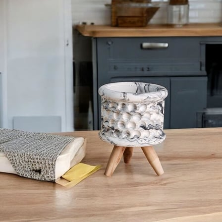 Saksı, Dekoratif Mermer Desenli Beton Saksı, El Yapımı Ahşap Ayaklı Ev ve Ofis Dekoru, Minimalist Tasarım, Beyaz Antrasit Renkleri İle, Kaktüs Ve Sukulent Saksısı