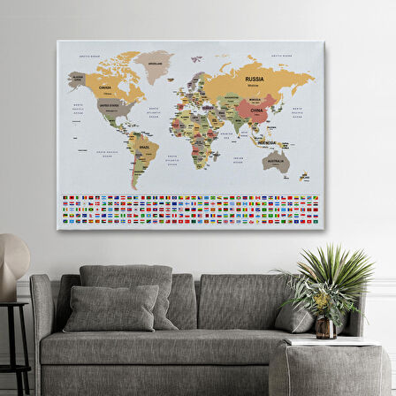 Harita Sepeti Dünya Haritası Ülke Bayraklı ve Dekoratif Kanvas Tablo 2381