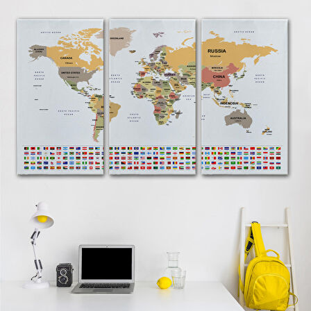 Harita Sepeti Dünya Haritası Ülke Bayraklı ve Dekoratif Kanvas Tablo 2381