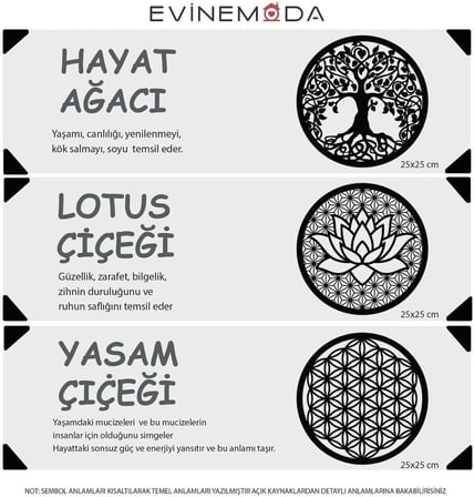 Hayat Ağaçı Yaşam Çiçeği Lotus Çiçeği Anlamlı 3 Parça Duvar Dekor Tablo