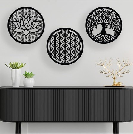 Hayat Ağaçı Yaşam Çiçeği Lotus Çiçeği Anlamlı 3 Parça Duvar Dekor Tablo