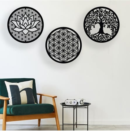 Hayat Ağaçı Yaşam Çiçeği Lotus Çiçeği Anlamlı 3 Parça Duvar Dekor Tablo