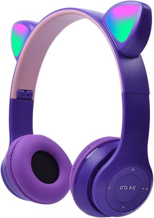 Çocuk Kulaklığı, LED Parlayan Kedi Kulaklı, Mikrofonlu Takılabilir, TF Kartı, Katlanabilir Bluetooth Stereo Kulak Üstü Çocuk Kulaklıkları-Mor