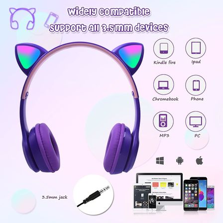 Çocuk Kulaklığı, LED Parlayan Kedi Kulaklı, Mikrofonlu Takılabilir, TF Kartı, Katlanabilir Bluetooth Stereo Kulak Üstü Çocuk Kulaklıkları-Mor