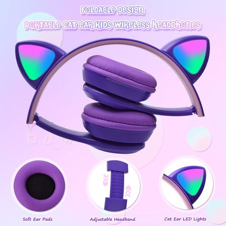 Çocuk Kulaklığı, LED Parlayan Kedi Kulaklı, Mikrofonlu Takılabilir, TF Kartı, Katlanabilir Bluetooth Stereo Kulak Üstü Çocuk Kulaklıkları-Mor