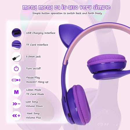 Çocuk Kulaklığı, LED Parlayan Kedi Kulaklı, Mikrofonlu Takılabilir, TF Kartı, Katlanabilir Bluetooth Stereo Kulak Üstü Çocuk Kulaklıkları-Mor