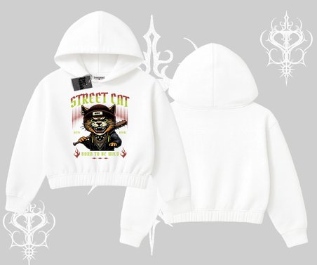 Street Cat Kedi Baskılı Kapşonlu Crop Sweatshirt