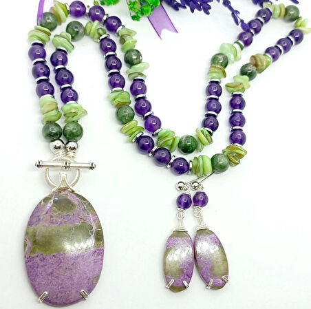 2382 Serpantin Stichtite Ametist Larimar Sedef Hematit el yapımı kolye