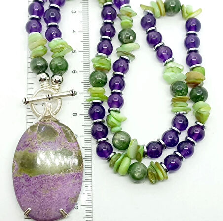 2382 Serpantin Stichtite Ametist Larimar Sedef Hematit el yapımı kolye