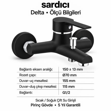 Sardıcı Delta Siyah Pirinç Banyo Bataryası Dirsek Rozet Dahil 5 Yıl Garantili
