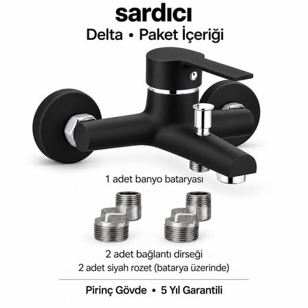 Sardıcı Delta Siyah Pirinç Banyo Bataryası Dirsek Rozet Dahil 5 Yıl Garantili