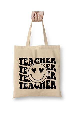 Teacher Öğretmene Hediye Öğretmenler Günü Beyaz Bez Çanta Uzun Saplı Alışveriş Çantası Plaj Çantası