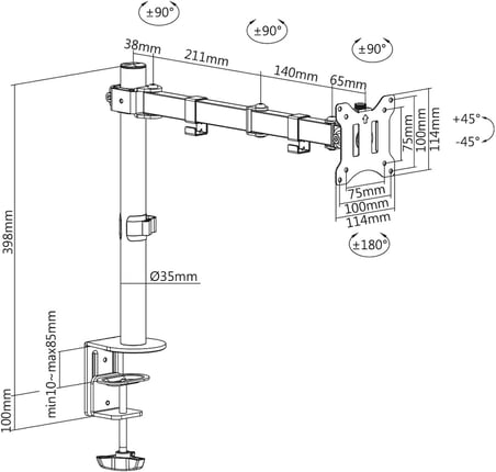 Monitör Tutucu - Masa Kelepçesi - 1 Monitör - 32 İnçe Kadar - 8 Kg'A Kadar - Vesa 75X75, 100X100 - Siyah, Da-90399