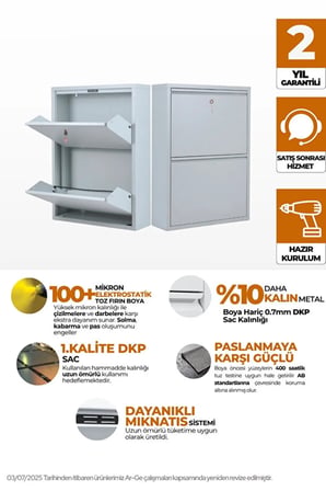 Kilitli Metal Ayakkabılık Dolabı 2 Kapaklı Duvara Monte Ergonomik Tasarım 69x50x15 cm 0.7 mm DKP Sac Ve Montaj Vidaları