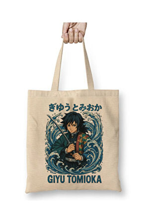 Demon Slayer Giyu Tomioka Iblis Keser Bez Çanta Uzun Saplı Alışveriş Çantası Plaj Çantası