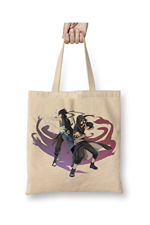 Naruto Itachi Uchiha Sasuke Uchiha Beyaz Bez Çanta Uzun Saplı Alışveriş Çantası Plaj Çantası