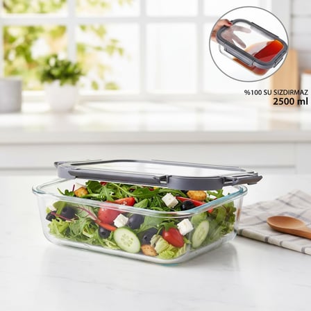 1 Adet 2500 ml Borosilikat Cam Saklama Kabı - 4 Klipsli Kilitli Bambu Kapaklı Sızdırmaz Vakumlu Dikdörtgen Erzak ve Yemek Kabı Isıya Dayanıklı Mega Boy Fırın Kabı