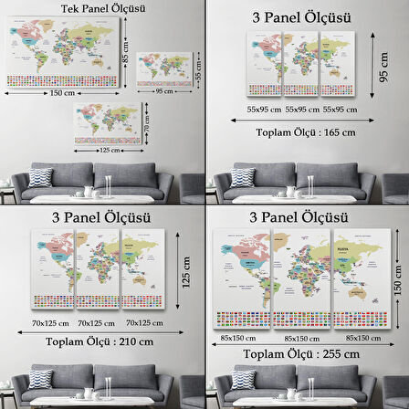Türkçe Dünya Haritası Kanvas Duvar Tablosu Ülke Bayraklı ve Dekoratif 2384