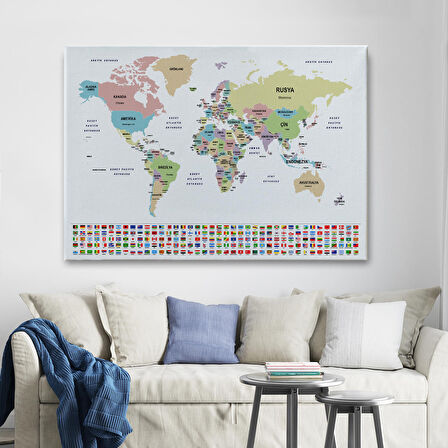 Harita Sepeti Türkçe Dünya Haritası Kanvas Tablo Ülke Bayraklı ve Dekoratif 2384