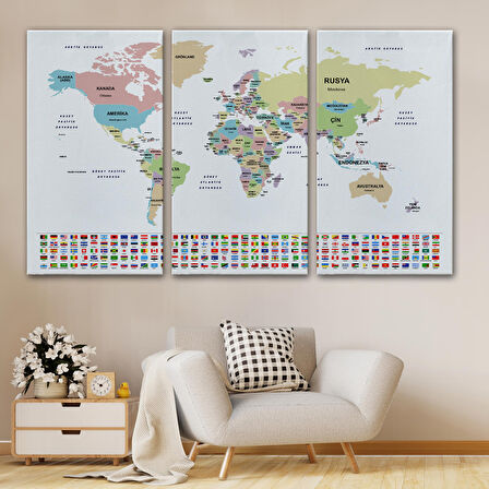 Harita Sepeti Türkçe Dünya Haritası Kanvas Tablo Ülke Bayraklı ve Dekoratif 2384