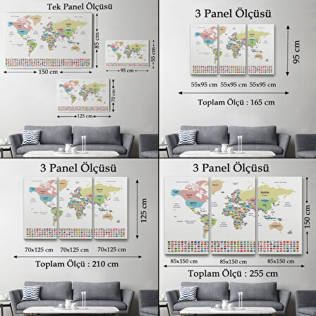 Harita Sepeti Türkçe Dünya Haritası Kanvas Tablo Ülke Bayraklı ve Dekoratif 2384