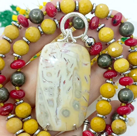 2384 Okyanus Jasper Mokait Jasper Pirit Mercan el yapımı düğümlü kolye