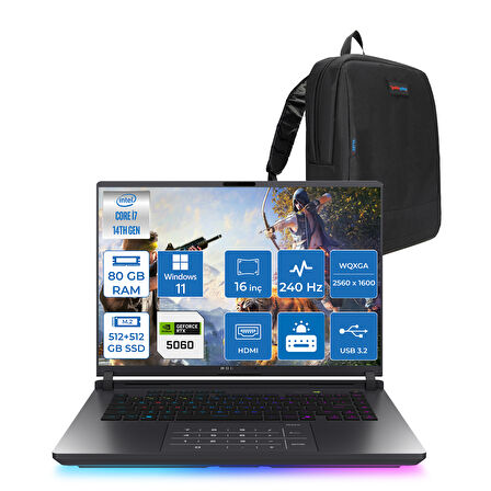 Asus Rog Strix G16 G615JMR-S5049 Intel® Core™ I7 14650HX 80GB 512GB+512GB SSD 8GB/RTX5060 Gddr7 115W 16 Inç 2,5k (2560 x 1600, Wqxga) 240Hz 3ms  WINDOWS11PRO Gaming Laptop WS5049P34+ZETTAÇANTA