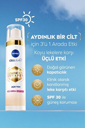 Nivea Luminous630 Koyu Leke Karşıtı CC Yüz Kremi 40ml, SPF30 Güneş Koruyucu, Hyaluronik Asit, Açık Ton