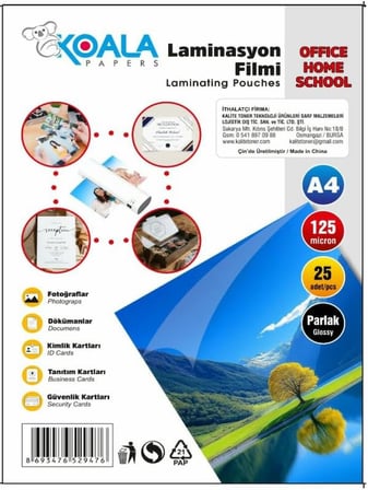 Koala Papers Laminasyon Filmi A4 Ultra Parlak 125 Micron 25 Adet Dayanıklı Kaplama