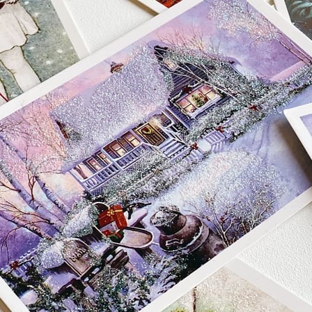 6Lı Simli Kartpostal Seti, Yılbaşı, Kırmızı Ev