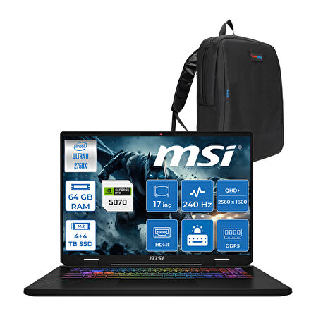 Msı Crosshaır 17 Hx Aı D2XWGKG-017TR Intel Core Ultra 9-275HX Aı 64GB 4tb Ssd+4tb SSD 8GB/RTX5070 Gddr7 115W 18"2.5k (2560 x 1600, Wqxga) 240Hz  Freedos Taşınabilir Bilgisayar W017TRF32+ZETTAÇANTA