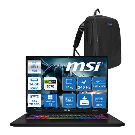 Msı Crosshaır 17 Hx Aı D2XWGKG-017TR Intel Core Ultra 9-275HX Aı 24GB 4tb Ssd+4tb SSD 8GB/RTX5070  18"2.5k (2560 x 1600, Wqxga) 240Hz  Windows 11 Pro Taşınabilir Bilgisayar W017TRP08+ZETTAÇANTA