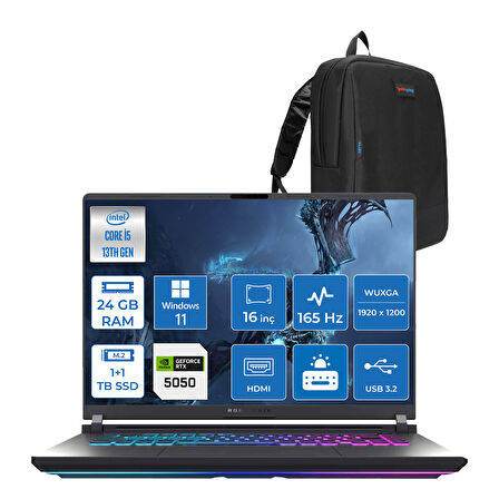 Asus Rog Strix G16 G615JH-RV053 Intel Core I5-13450HX 24GB 1tb SSD +1tb SSD 8GB/RTX5050 Gddr7 115W 16" Wuxga 165Hz 3ms IPS WINDOWS11PRO Gaming Laptop WRX053P04+ZETTAÇANTA