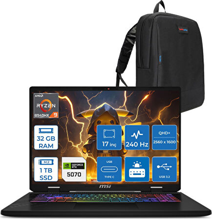 Msı Crosshaır A17 Hx D8WGKG-012XTR Ryzen9 8940HX Aı 32GB 1tb SSD 8GB/RTX5070 Gddr7 115W 17"2.5k (2560 x 1600, Qhd+) 240Hz  Freedos Taşınabilir Bilgisayar Z012XTRF11+ZETTAÇANTA