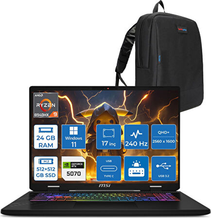 Msı Crosshaır A17 Hx D8WGKG-012XTR Ryzen9 8940HX Aı 24GB 512GB SSD +512GB SSD 8GB/RTX5070 Gddr7 115W 17"2.5k (2560 x 1600, Qhd+) 240Hz  Windows 11 Home Taşınabilir Bilgisayar Z012XTRH02+ZETTAÇANTA