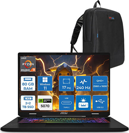 Msı Crosshaır A17 Hx D8WGKG-012XTR Ryzen9 8940HX Aı 80GB 2tb+2tb SSD 8GB/RTX5070 Gddr7 115W 17"2.5k (2560 x 1600, Qhd+) 240Hz  Windows 11 Home Taşınabilir Bilgisayar Z012XTRH38+ZETTAÇANTA