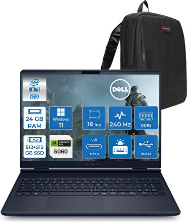 Dell Alienware 16X Aurora Core Ultra 7 255HX Aı 24GB 512GB SSD +512GB SSD 8GB/RTX5060 Gddr7 115W 16" Wqxga 240Hz 500 Nits  Windows 11 Home Taşınabilir Bilgisayar ZAC16251H02+ZETTAÇANTA