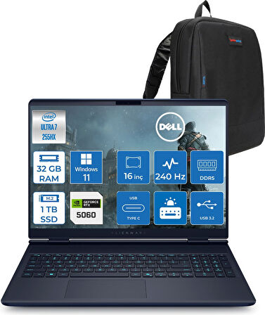 Dell Alienware 16X Aurora Core Ultra 7 255HX Aı 32GB 1tb SSD 8GB/RTX5060 Gddr7 115W 16" Wqxga 240Hz 500 Nits  Windows 11 Pro Taşınabilir Bilgisayar ZAC16251P11+ZETTAÇANTA