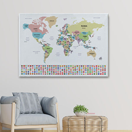 Harita Sepeti Dünya Haritası Ülke Bayraklı ve Dekoratif Kanvas Tablo 2385