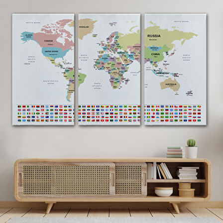 Harita Sepeti Dünya Haritası Ülke Bayraklı ve Dekoratif Kanvas Tablo 2385